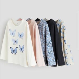 H&M New 6/7 5 Girls Long Sleeve Shirt Bundle, Butterfly Floral Blue Pink Grey
